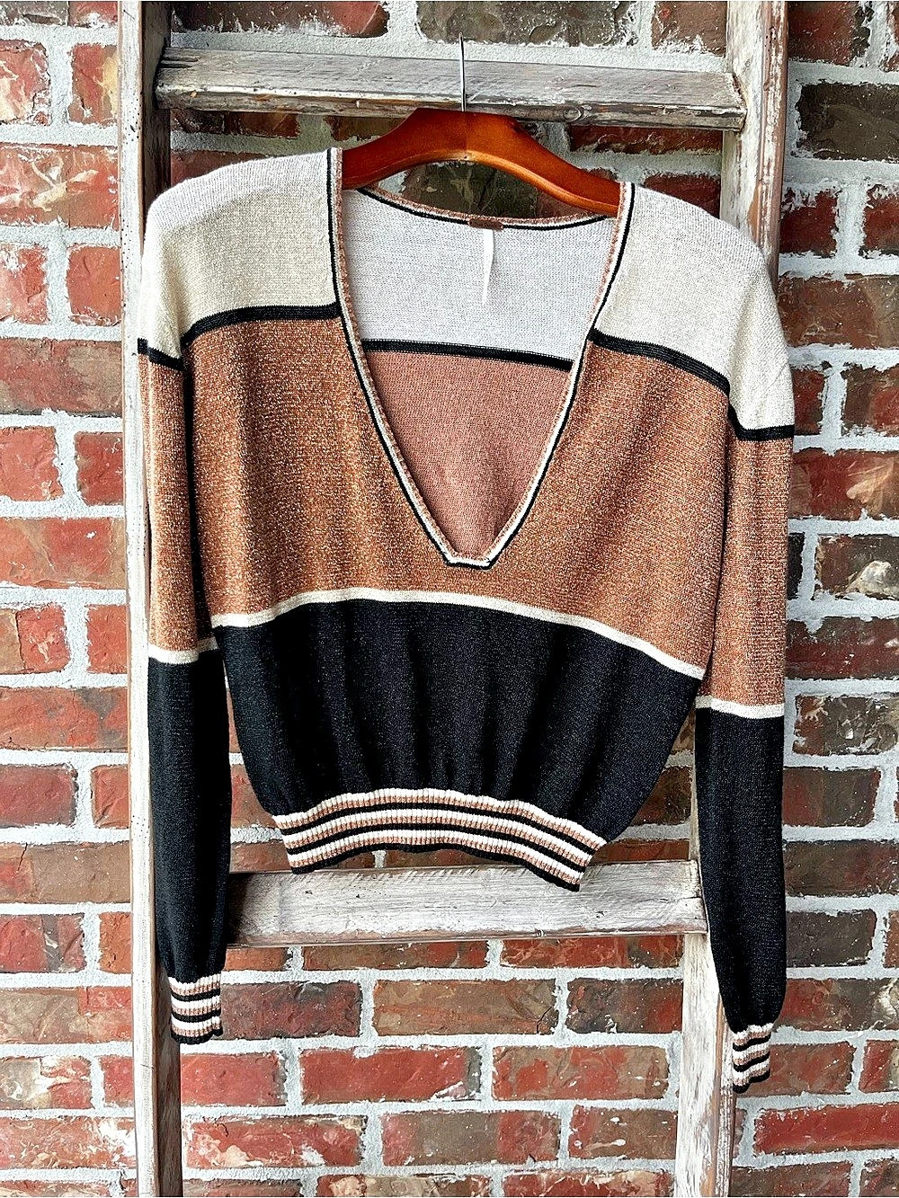 Free People Gold Dust Metallic Pullover Sweater Color Block XS